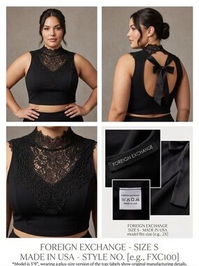 Foreign Exchange Black Lace High-Neck Crop Top with Bow Back
